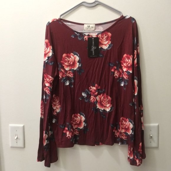 Amelia James Sweaters - AMELIA JAMES NWT Maroon Floral Long Sleeve Blouse size M
